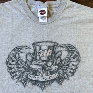 y2k vtg Harley Davidson Tee 2XL Gray Florida‎ Man Poker Skull Wings Made in US